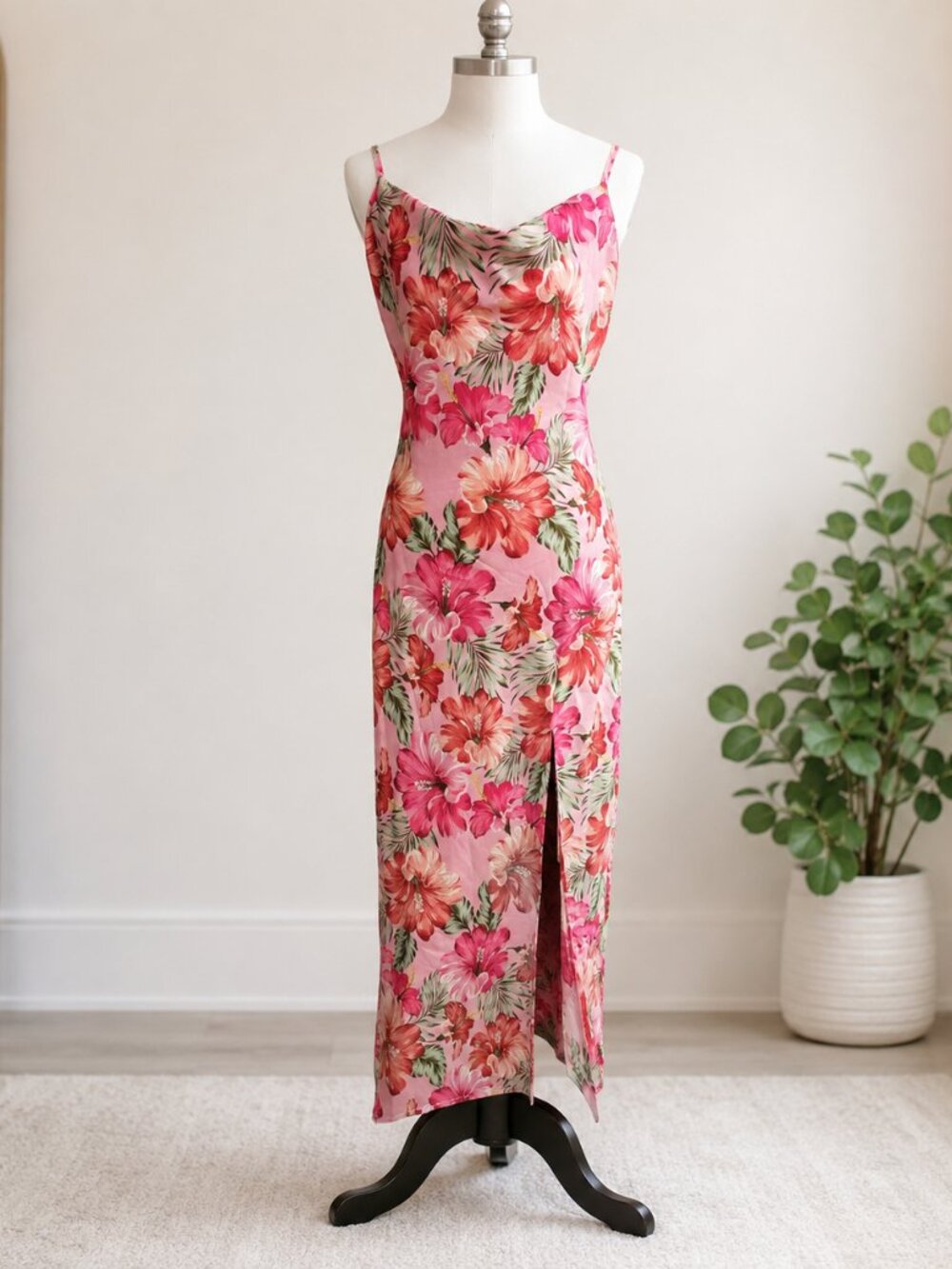 Floral Pink Slip Maxi Dress with Side Slit - Picture 2 of 7